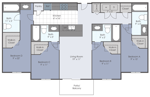 A floor plan of a house with a kitchen, living room, and multiple bathrooms.